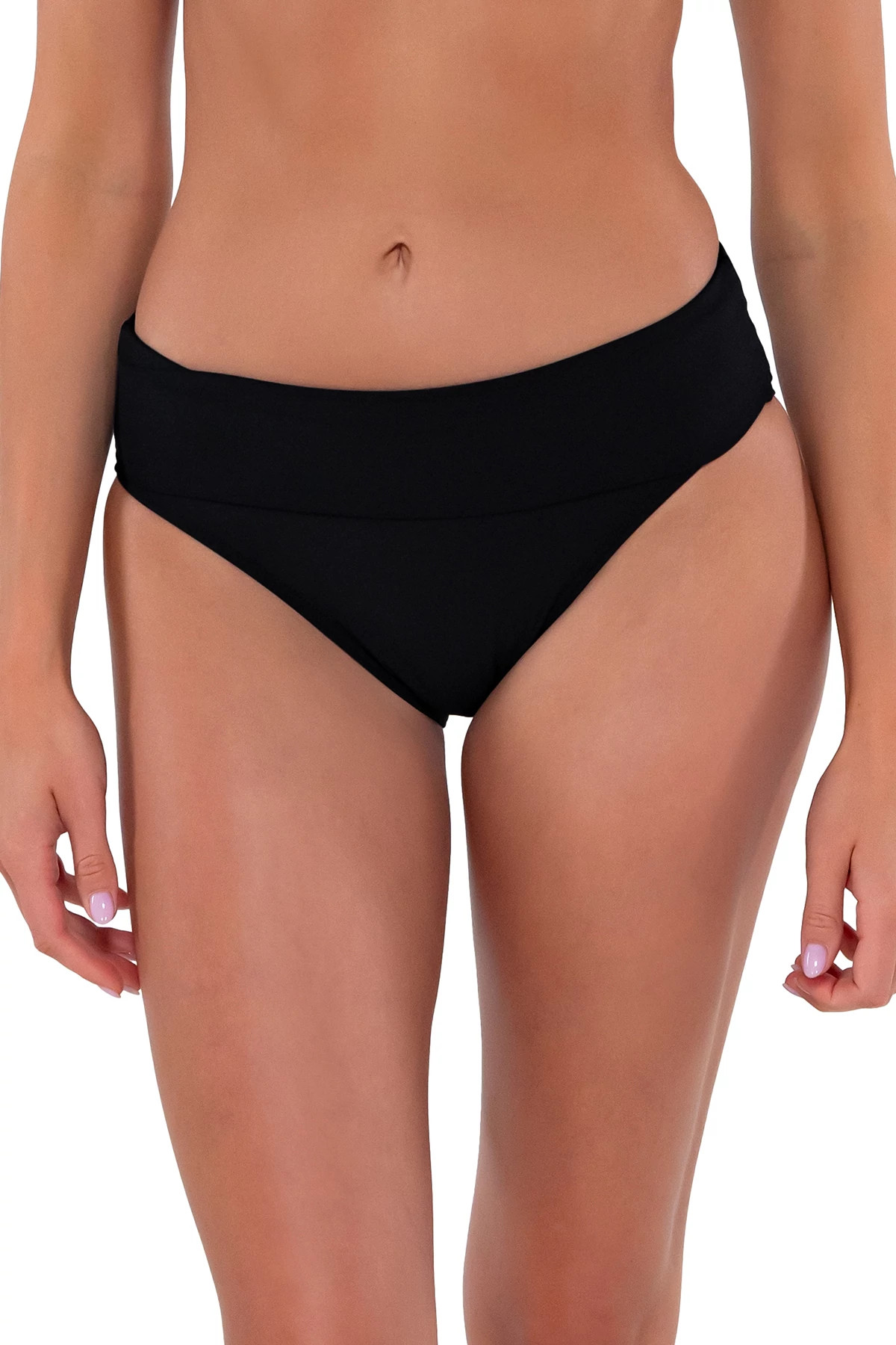 BLACK Banded Foldover High Waist Bikini Bottom image number 2