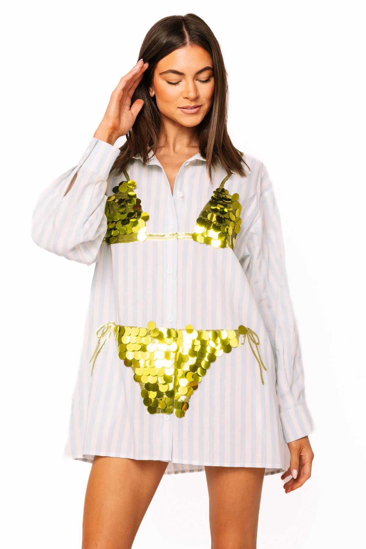 BLUE Striped Sequin Bikini Graphic Tunic image number 1
