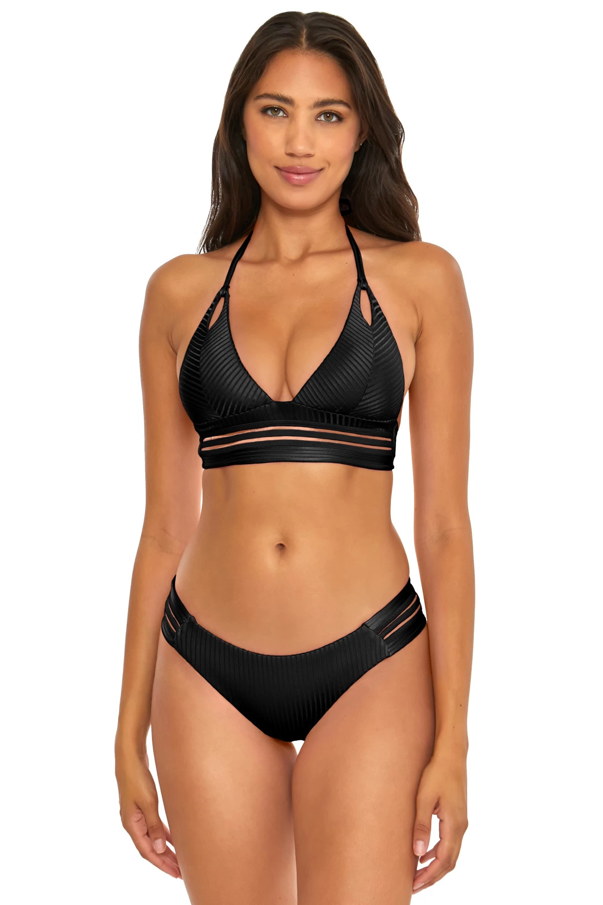 BLACK Ribbed Halter Bikini Top image number 1