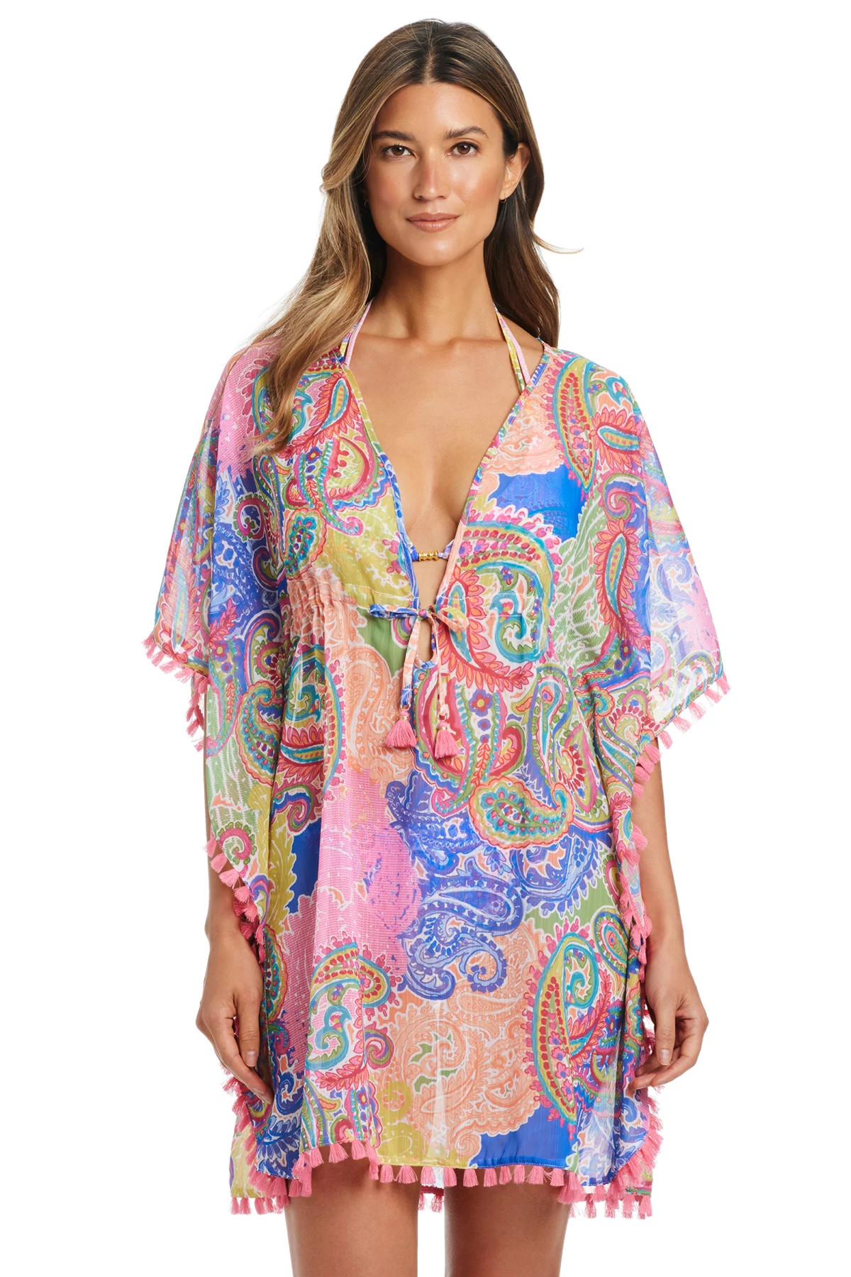 MULTI Paisley Print Tassel Trim Caftan image number 1