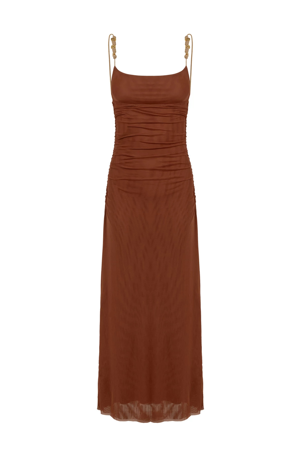 MEDIUM BEIGE Rumi Mesh Ruched Maxi Dress image number 3