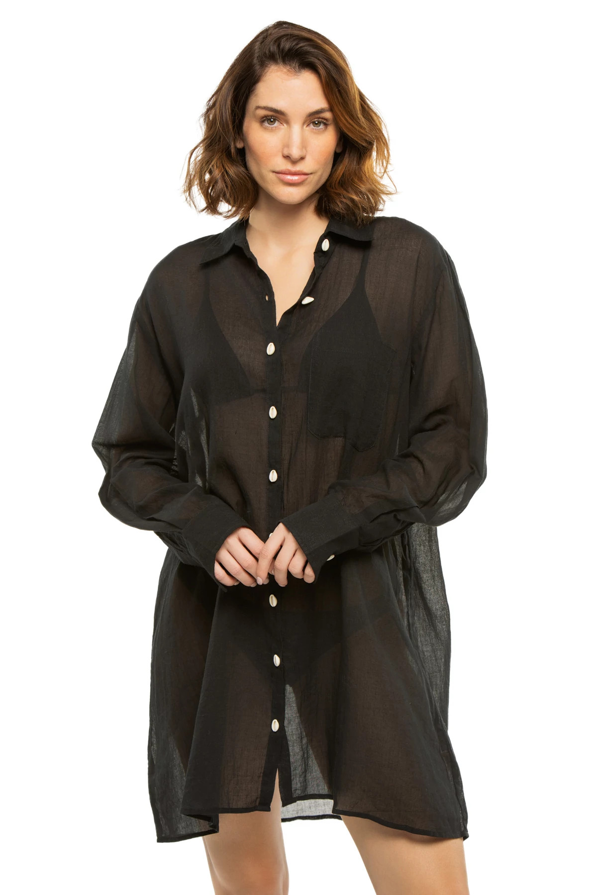 BLACK Puka Shell Shirt Dress image number 1