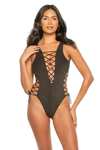 BLACK Shimmer Stripe Plunge One Piece