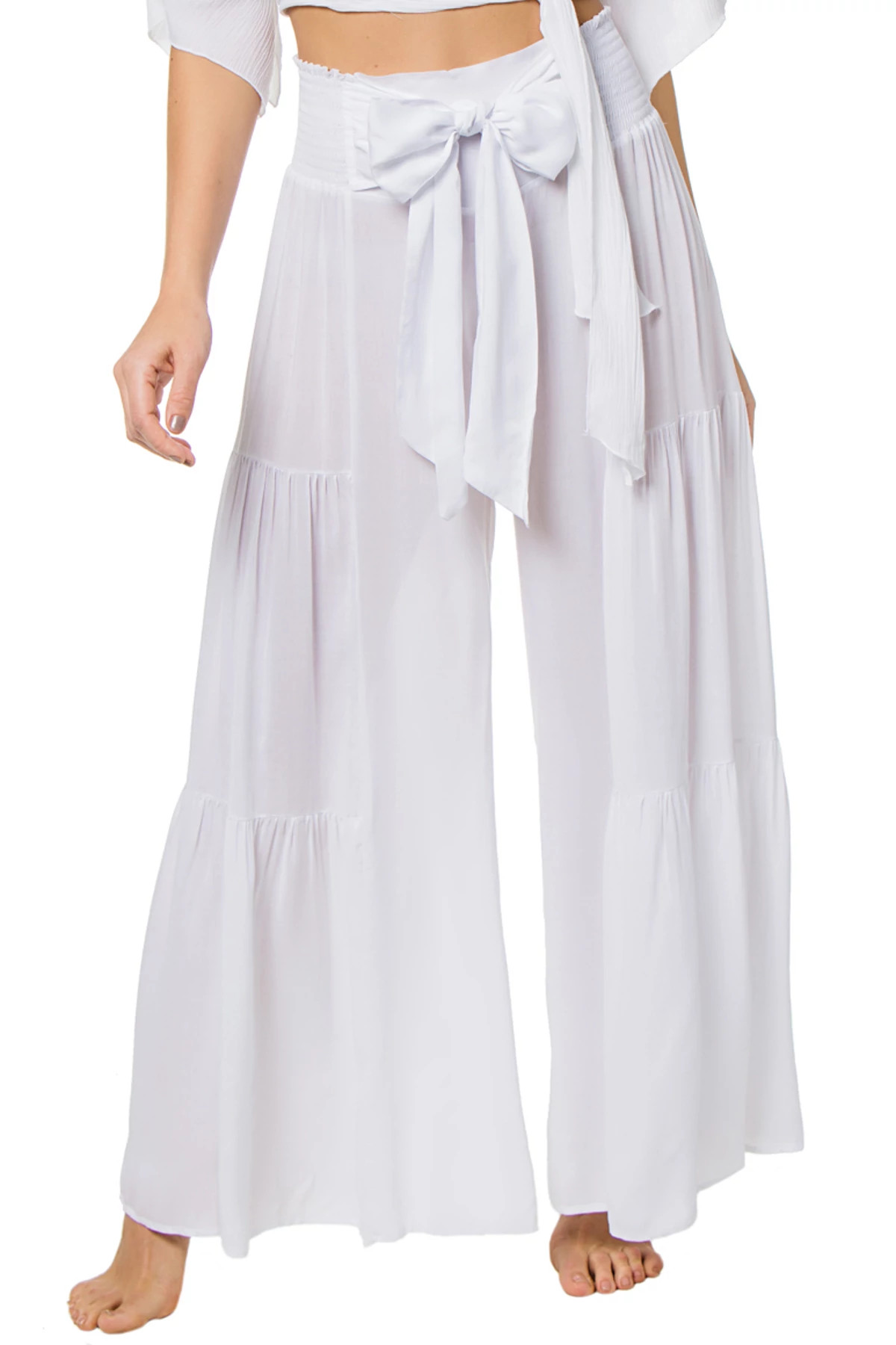 WHITE Wide Leg Bow Tie Pants image number 1