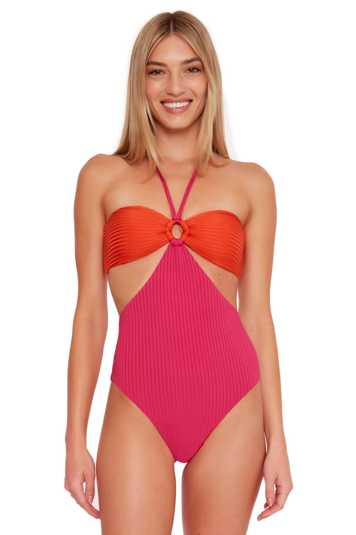 PINK PEPPERCORN Textured Bandeau Cutout One Piece Swimsuit image number 1