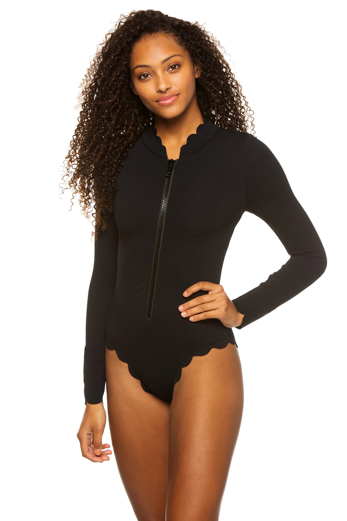 BLACK Long Sleeve Scallop One Piece image number 1