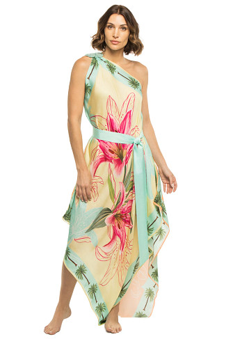 YELLOW AND AQUA LILY SCARF/CORAL AND AQUA LILY SCARF Asymmetrical Maxi Dress