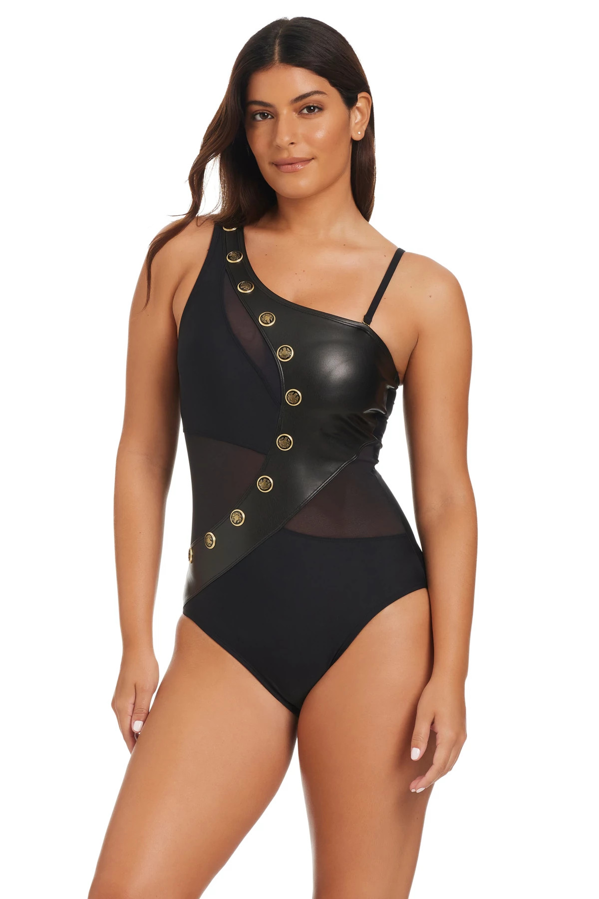 BLACK Leather Asymmetrical One Piece Swimsuit image number 3