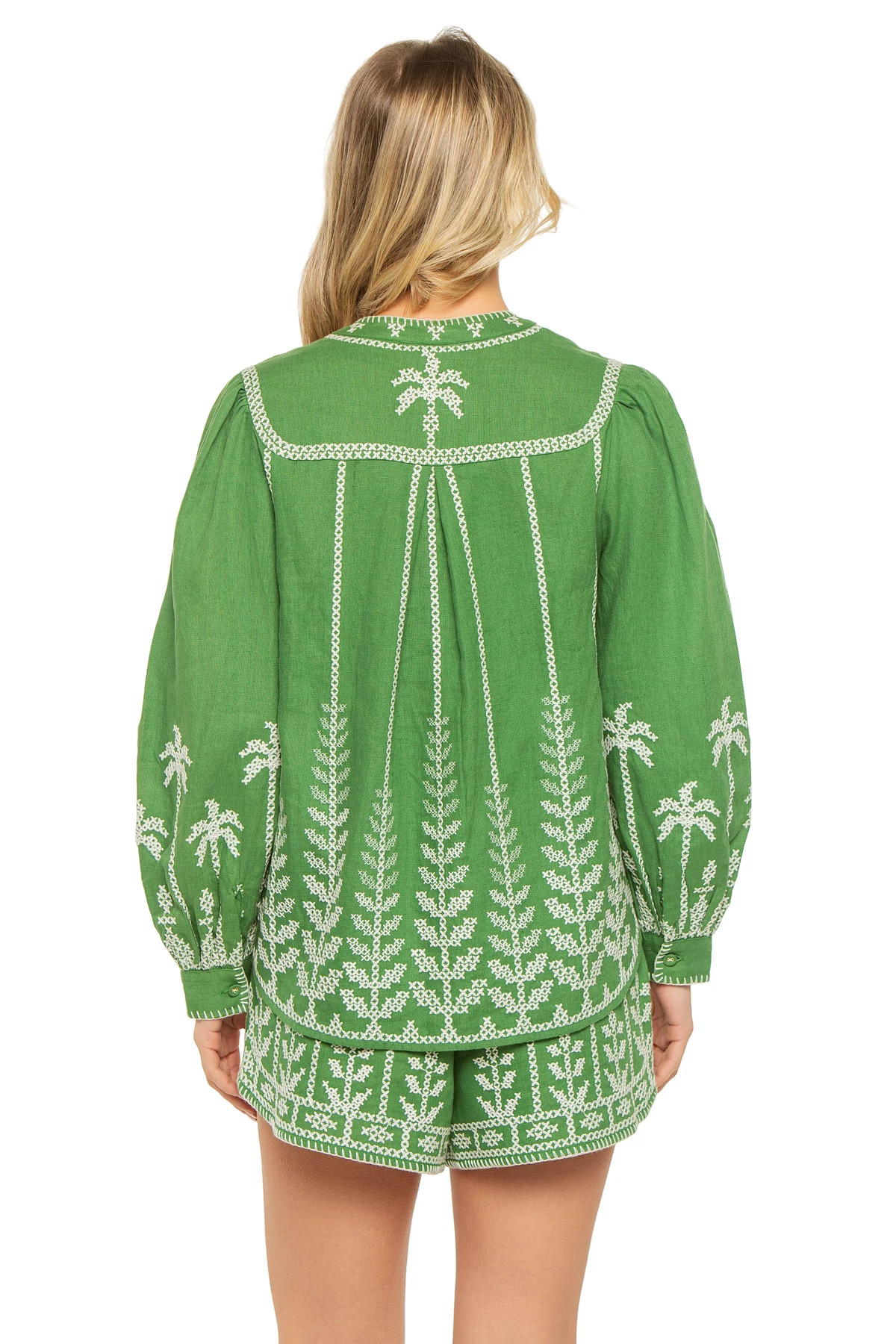 GREEN Linen Cross-Stitch Embroidered Blouse image number 2