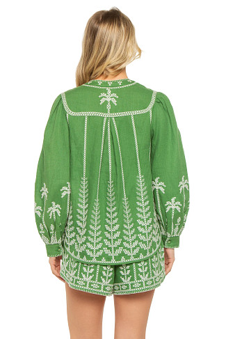 GREEN Linen Cross-Stitch Embroidered Blouse