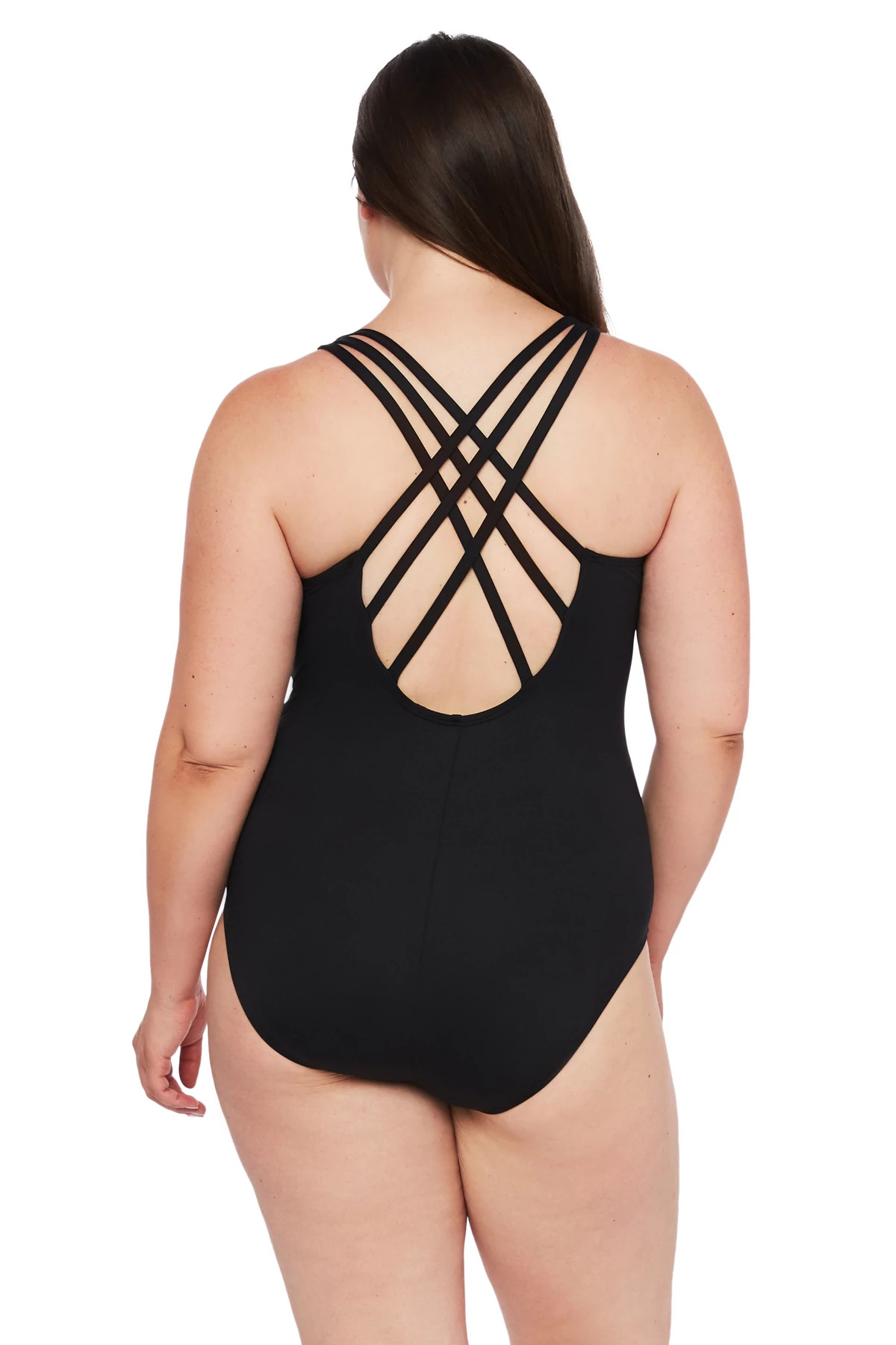 BLACK Multi-Strap Cross-Back One Piece Swimsuit image number 2