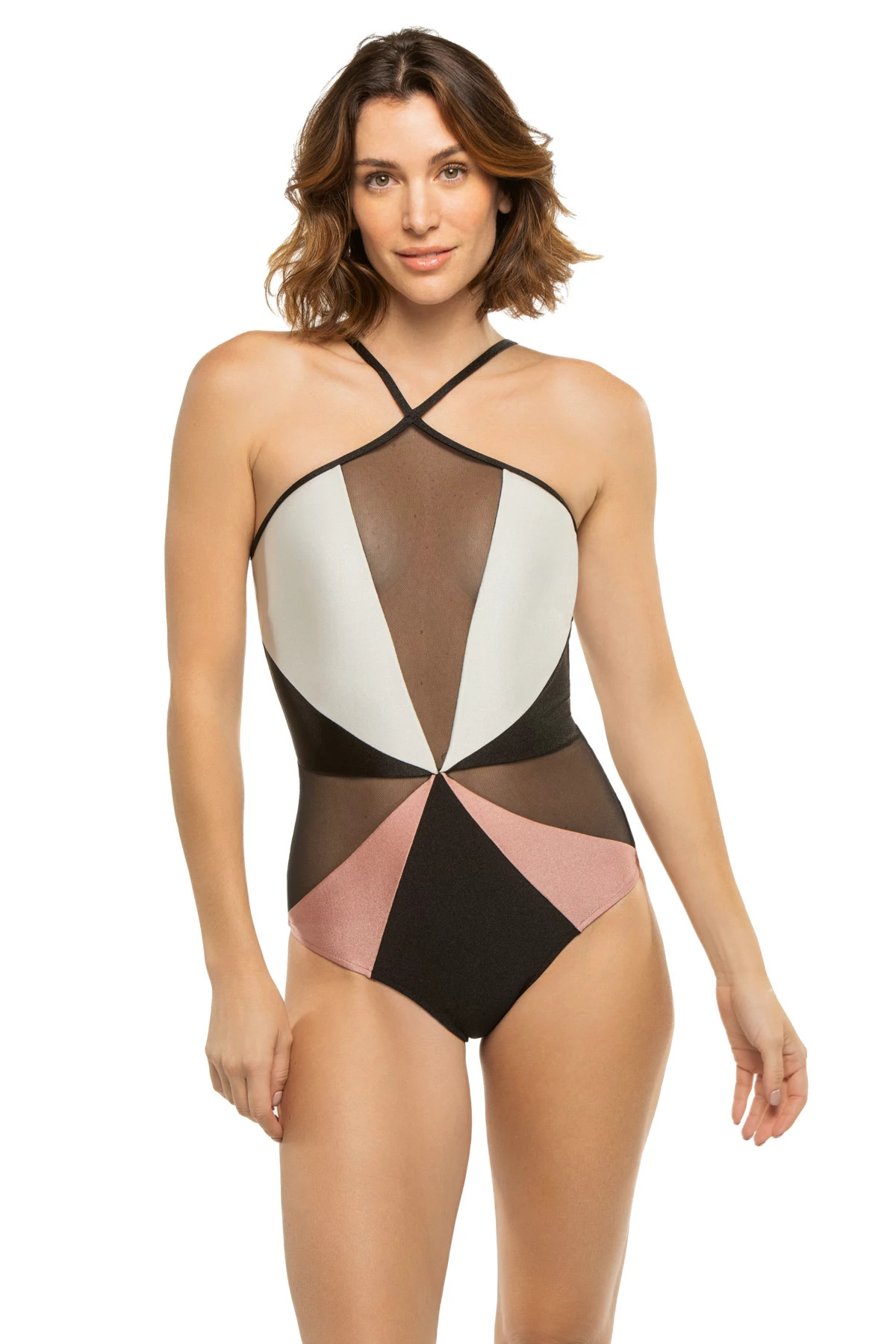 BLACK/WHITE Color Block Mesh One Piece Swimsuit image number 1