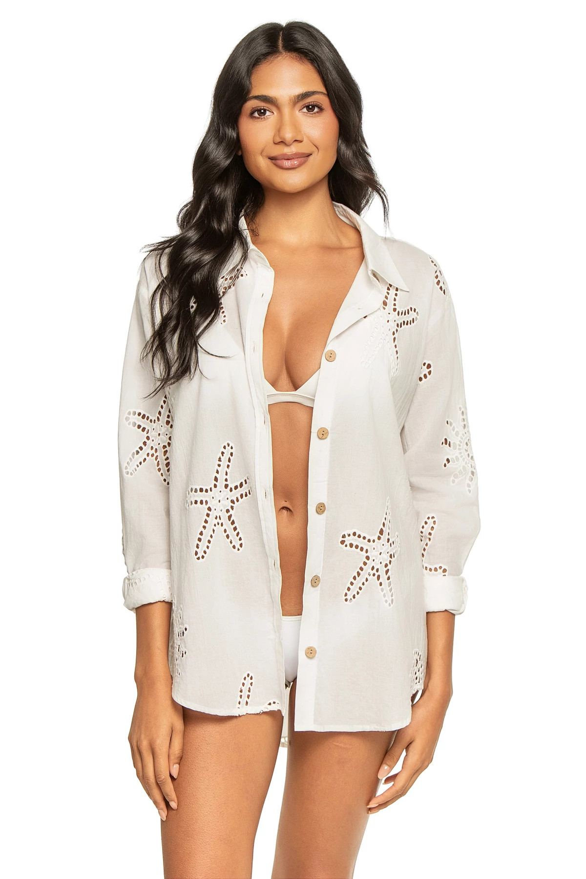 WHITE Eyelet Long Sleeve Boyshirt Cover Up image number 3