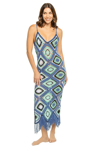 BLUE MULTI Diamond Crochet Midi Dress