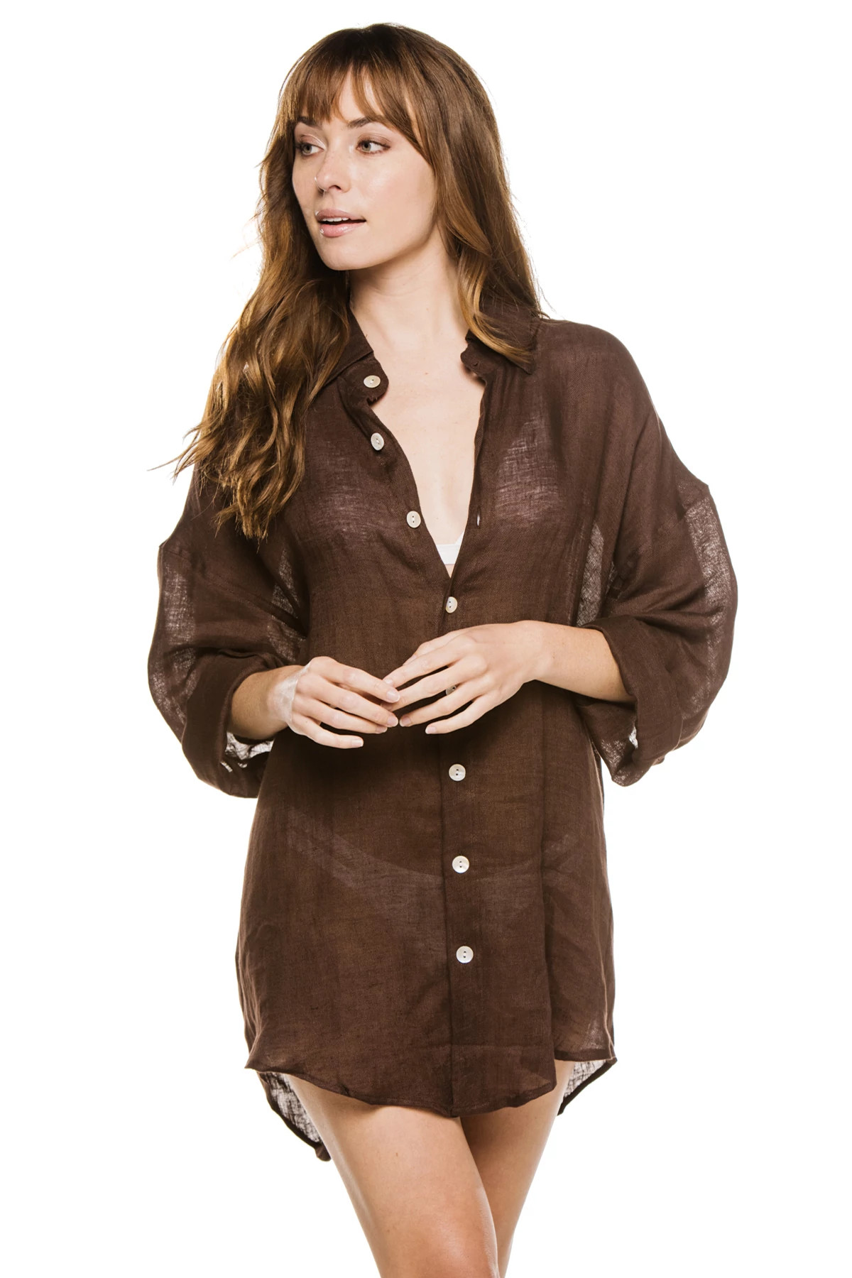 CHOCOLATE ECOLINEN GAUZE Button-Down Shirt Dress image number 2