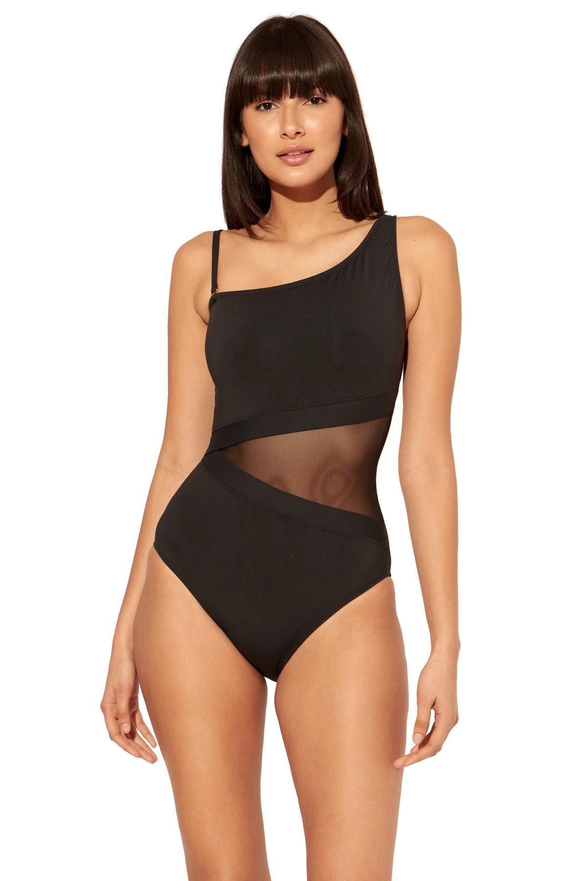 BLACK Mesh Inset Asymmetrical One Piece Swimsuit image number 4