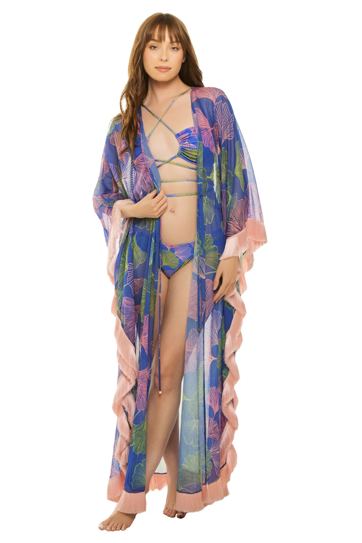 BLUE MULTI Ocean Leaf Kimono image number 1