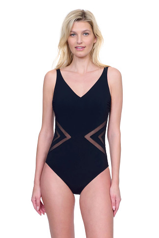 BLACK V-Neck One Piece Swimsuit