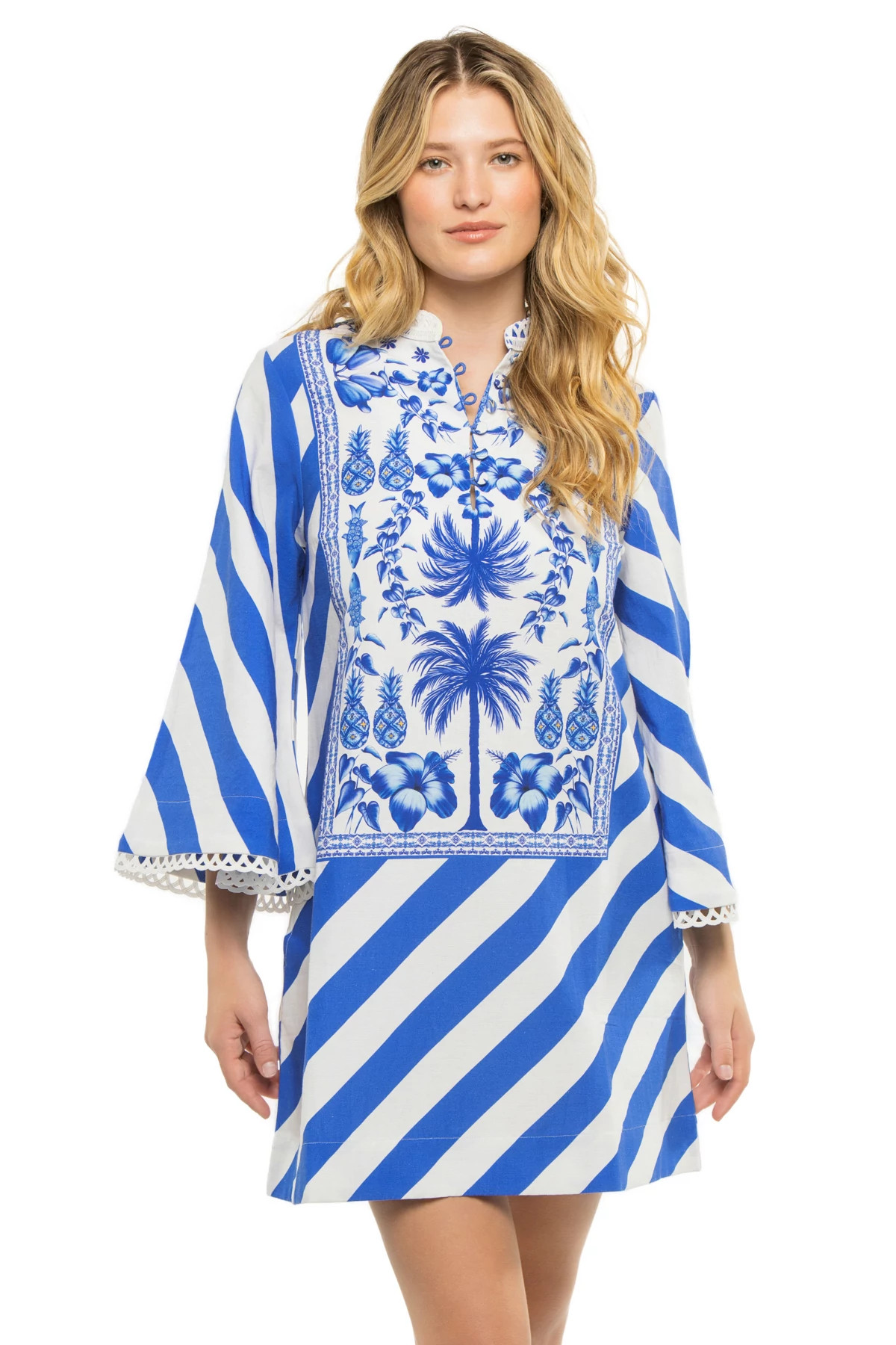 BLUE AND WHITE PALM AZULEJOS PANEL Anj Mini Kaftan Dress image number 1