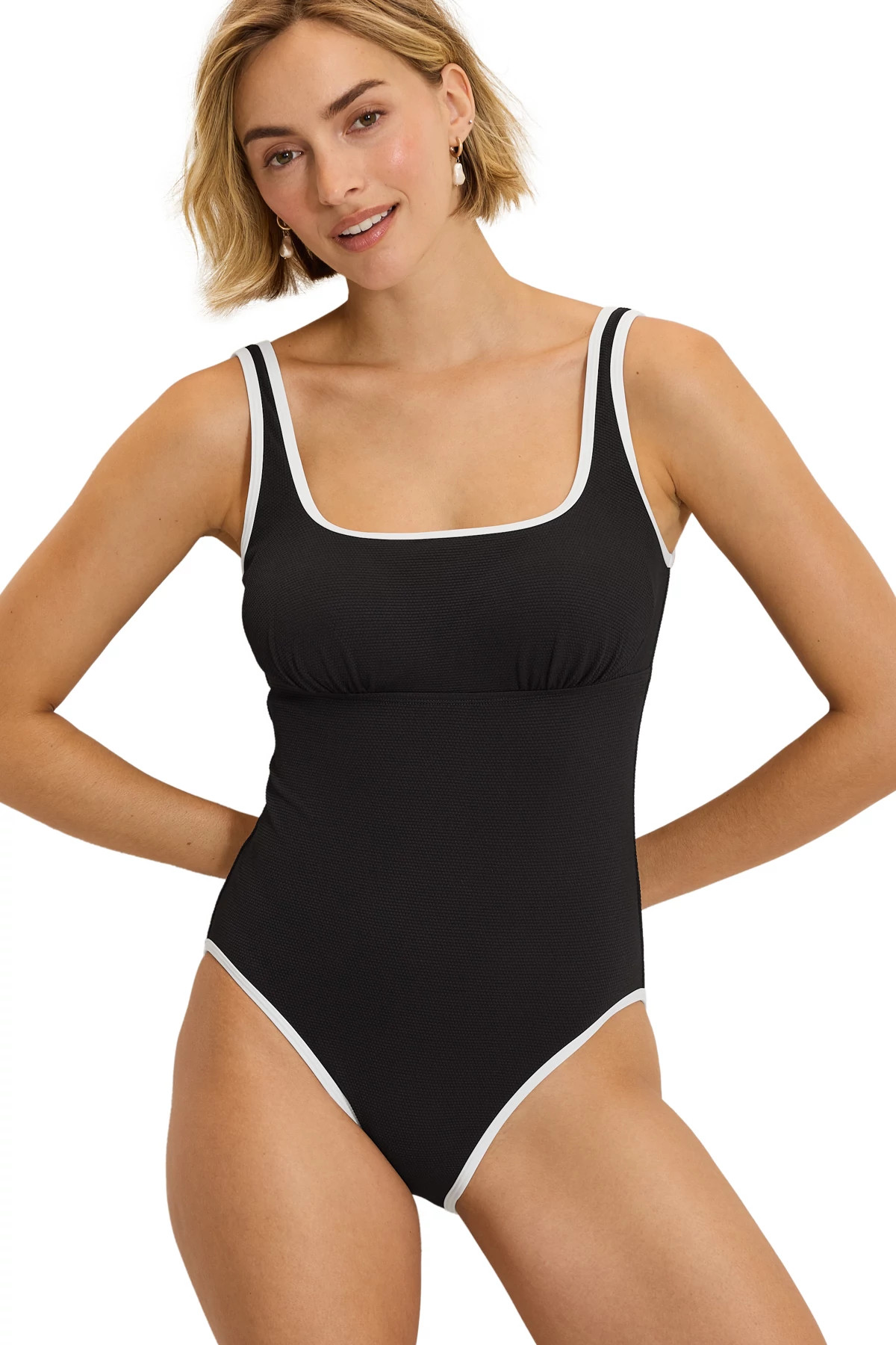 BLACK Textured Square Neck Keyhole One Piece image number 1