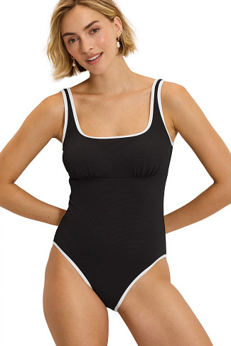 BLACK Textured Square Neck Keyhole One Piece