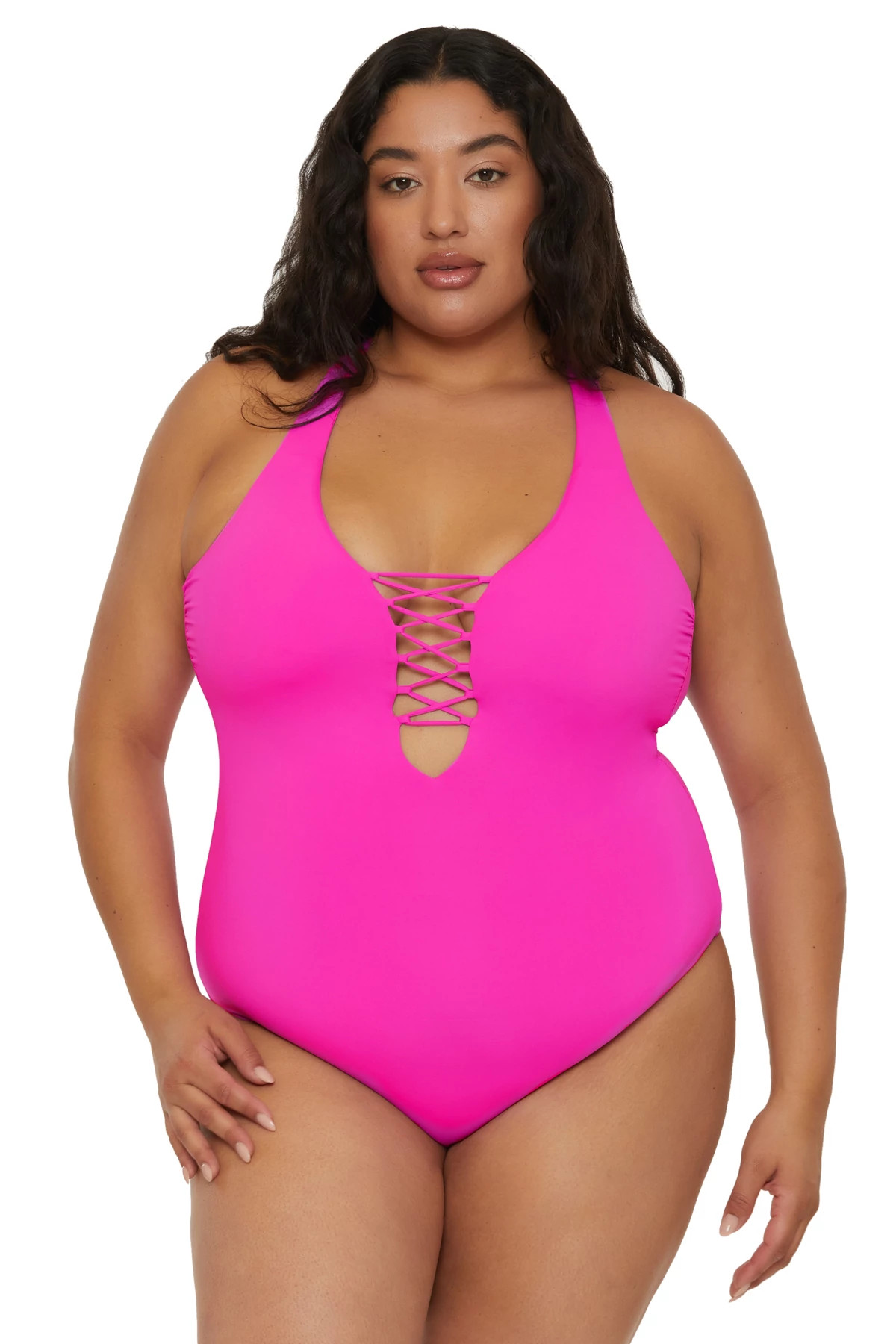 VIVID PINK Plunge One Piece Swimsuit image number 1