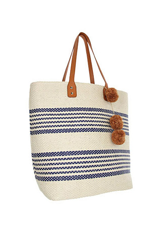 BLUE Pom Pom Raffia Tote