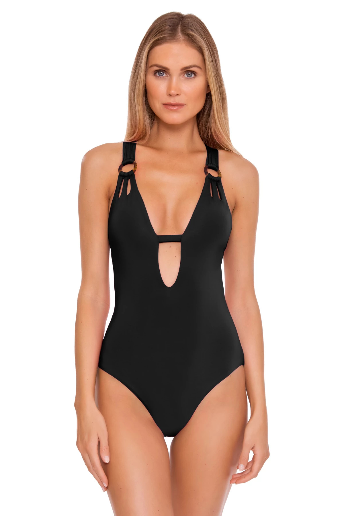 BLACK Cutout Plunge One Piece Swimsuit image number 1