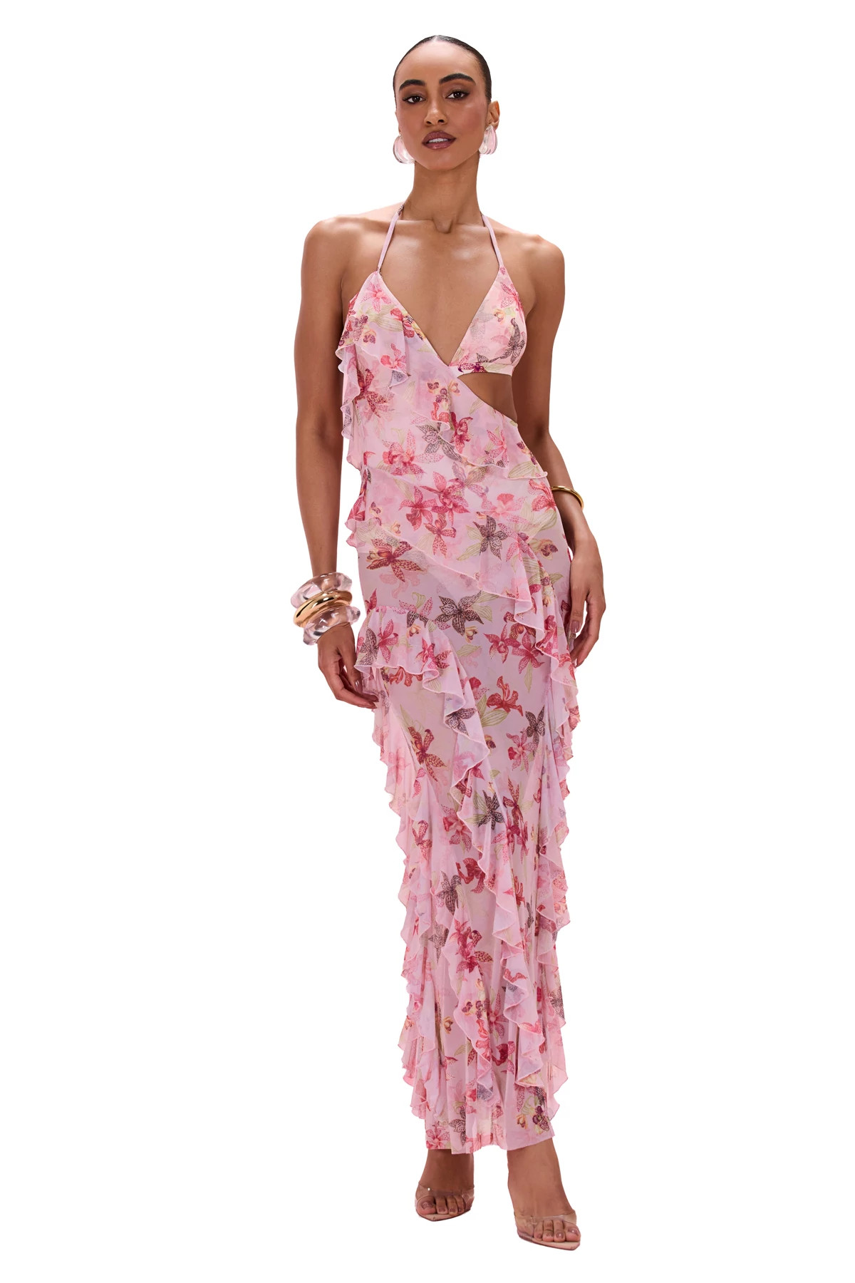 ROSE Orchid Print Ruffle Maxi Dress image number 1