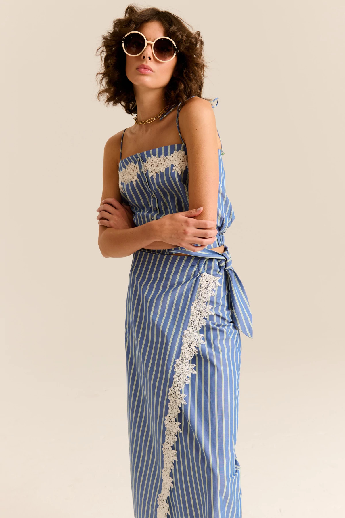 BLUE STRIPES Loren Striped Lace Trim Midi Skirt image number 4