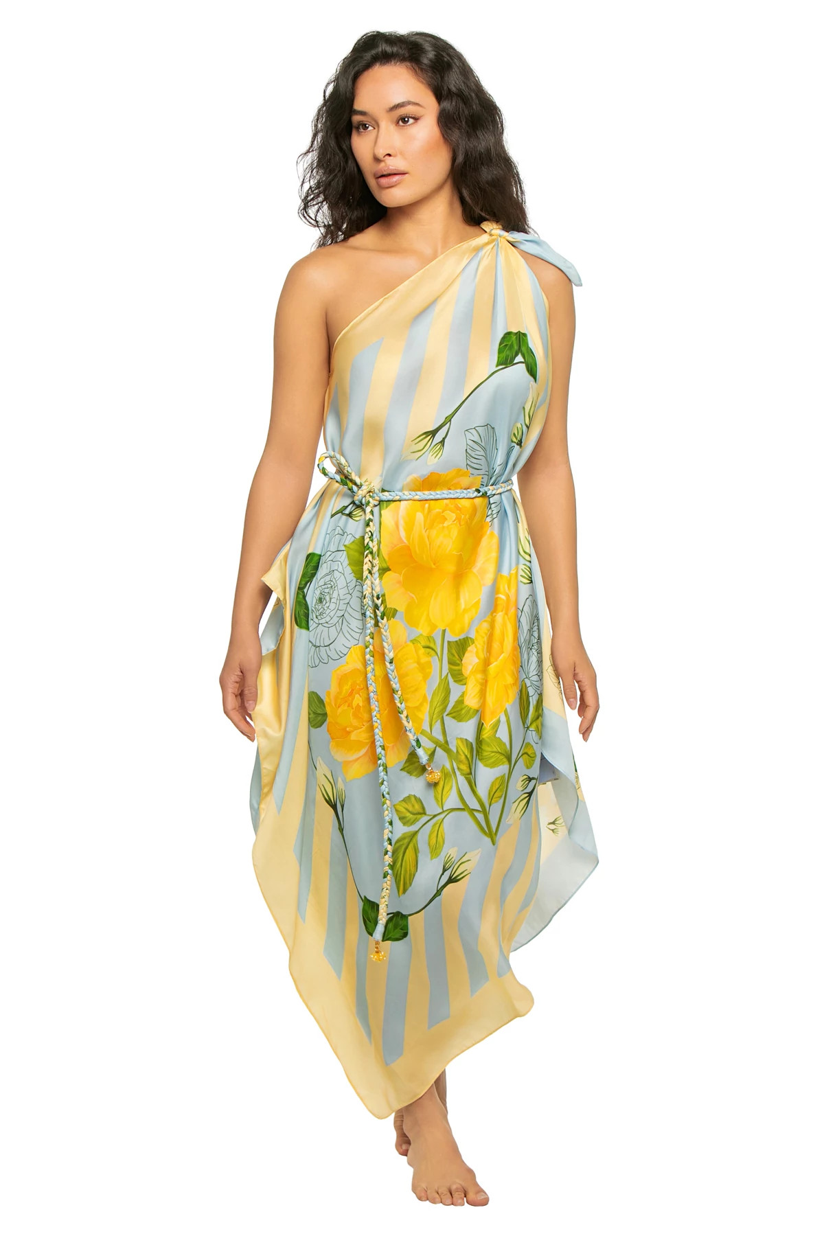 ICE BLUE/YELLOW STRIPE Asymmetrical Multi-Way Scarf Midi Dress image number 1