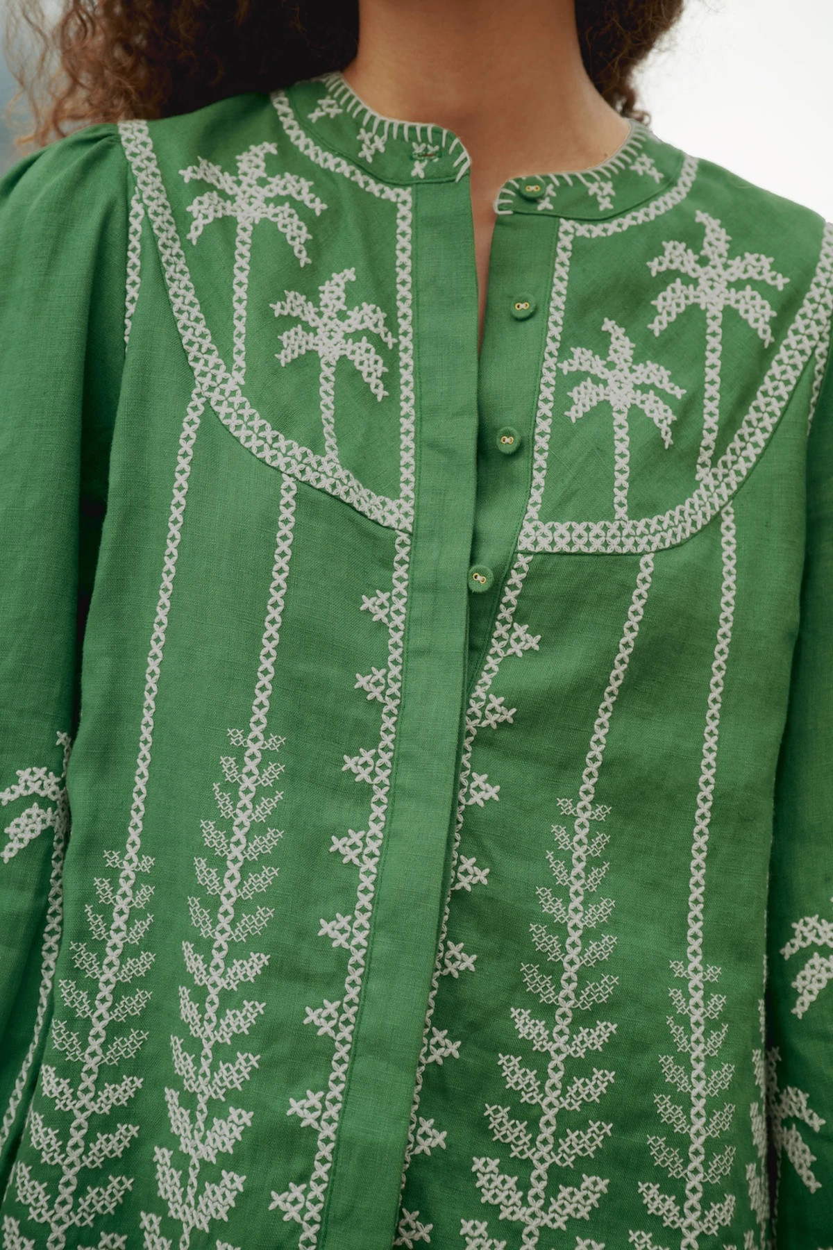 GREEN Linen Cross-Stitch Embroidered Blouse image number 4