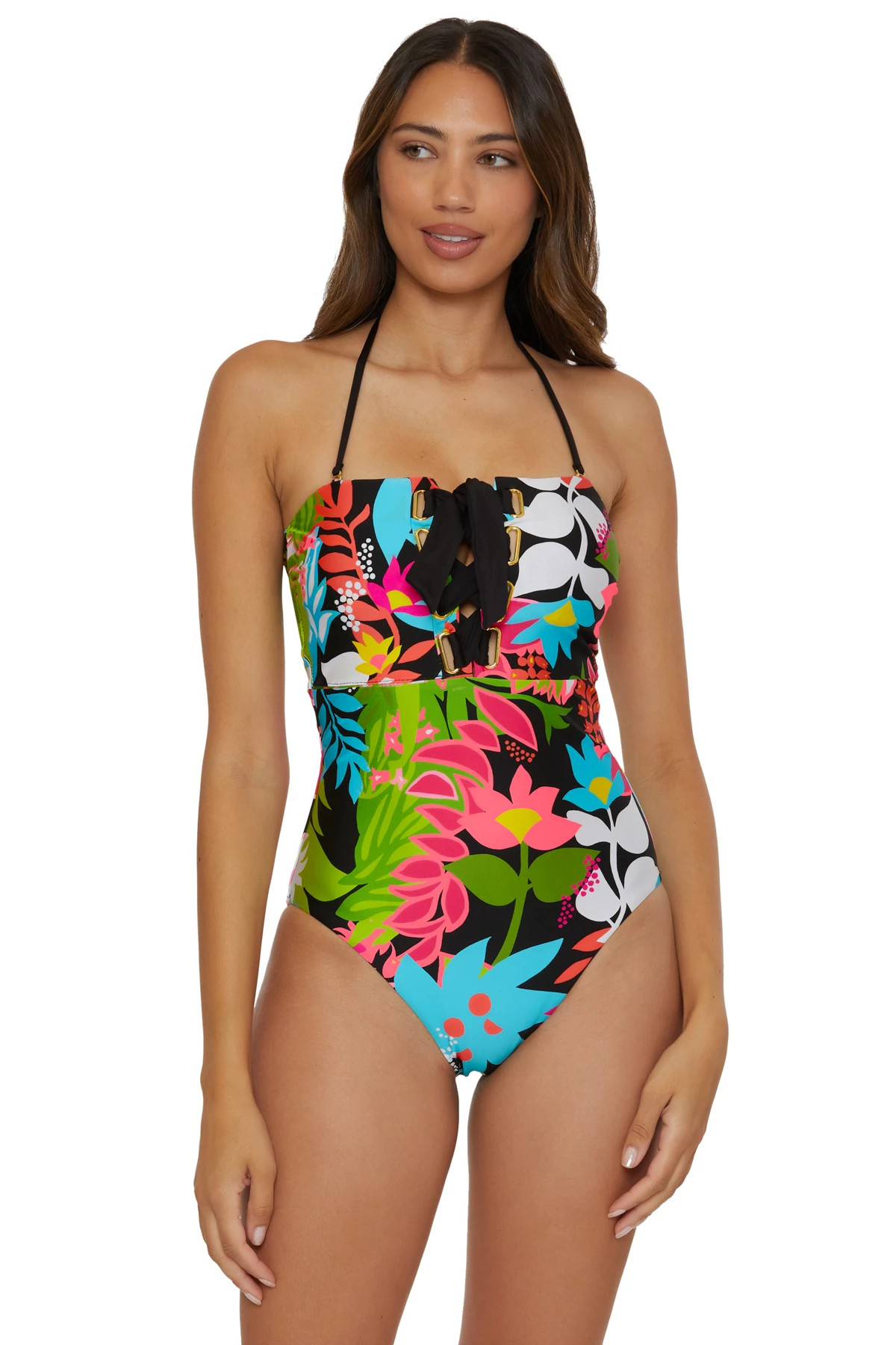 MULTI Tiki Lace-Up Bandeau One Piece Swimsuit image number 3