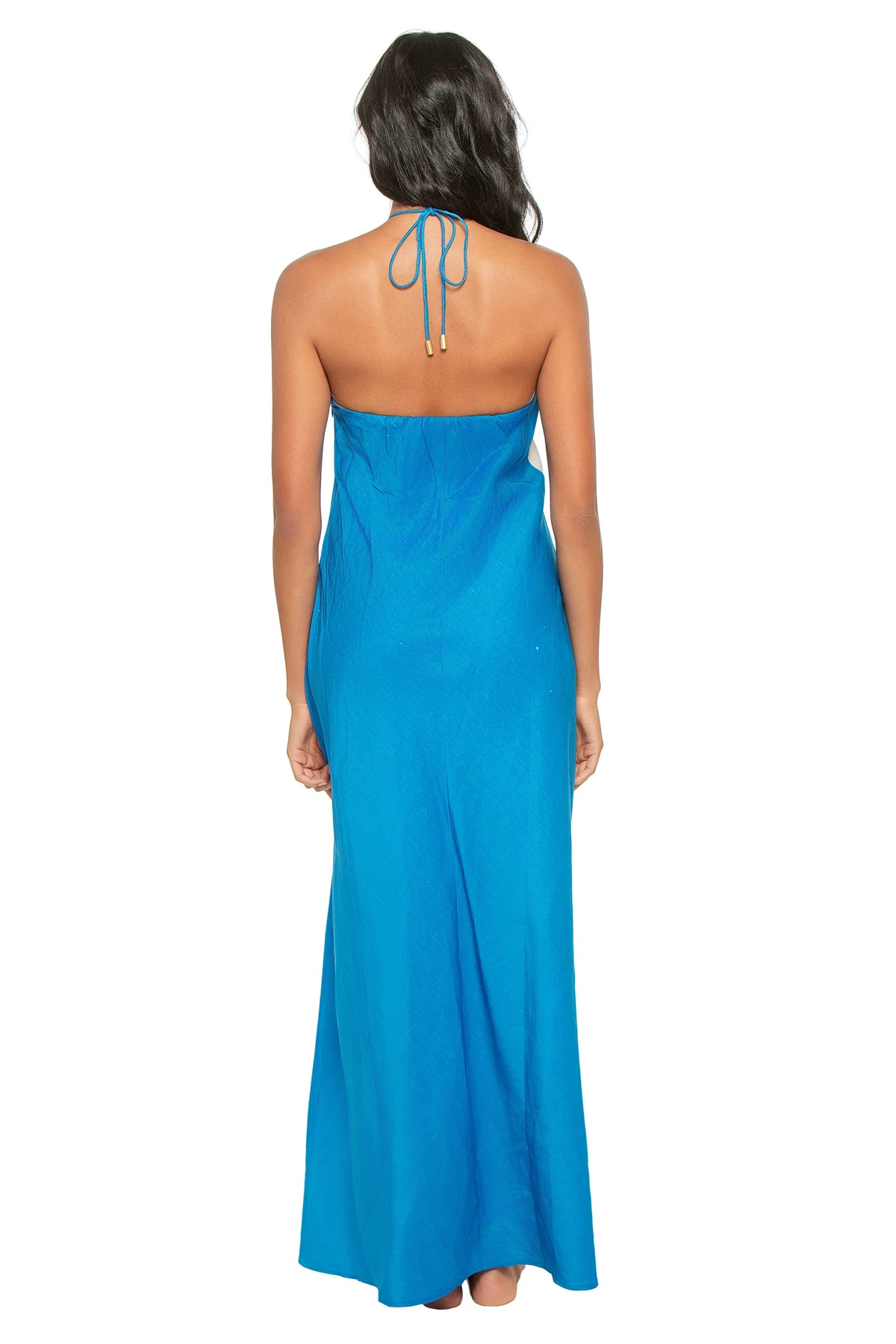 BLUE/IVORY Fleur Linen Blend Halter Maxi Dress image number 2