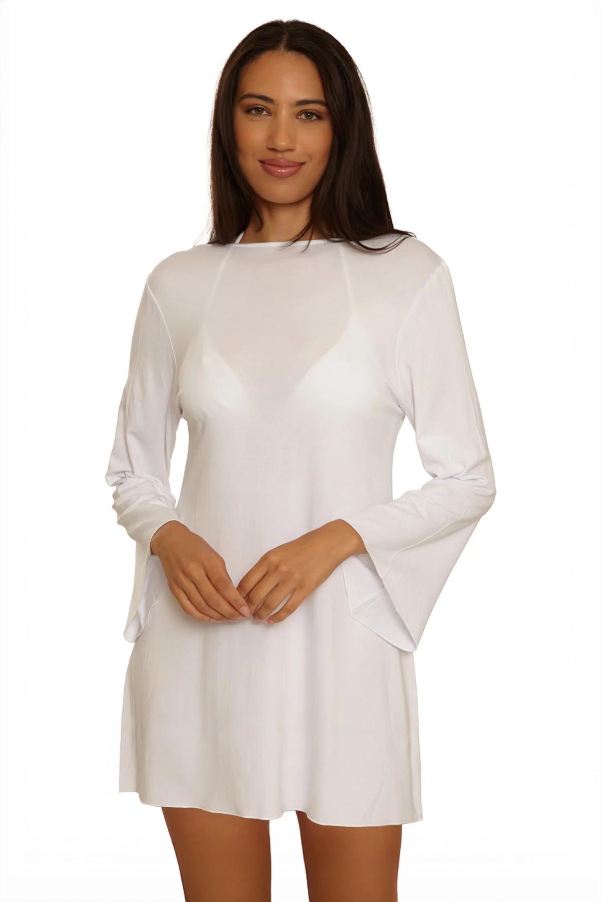 WHITE Long Sleeve Plunge Tunic Cover Up image number 2