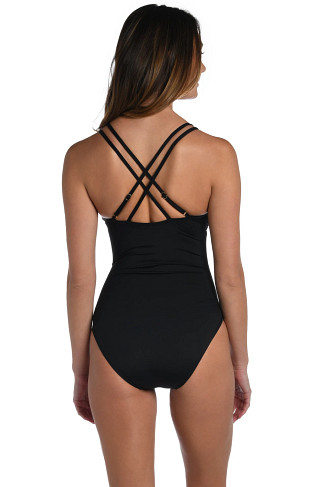 BLACK Underwire Lace Up One Piece Swimsuit
