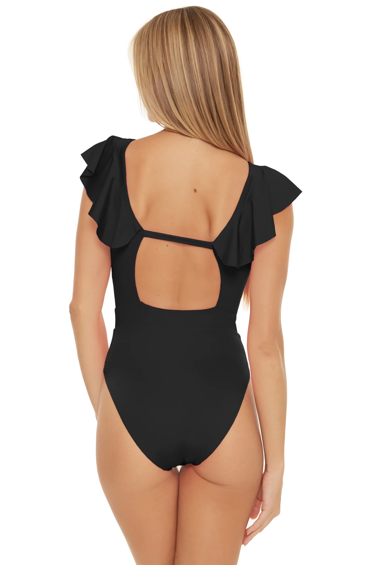 BLACK Monaco Ruffle Over The Shoulder One Piece Swimsuit image number 2