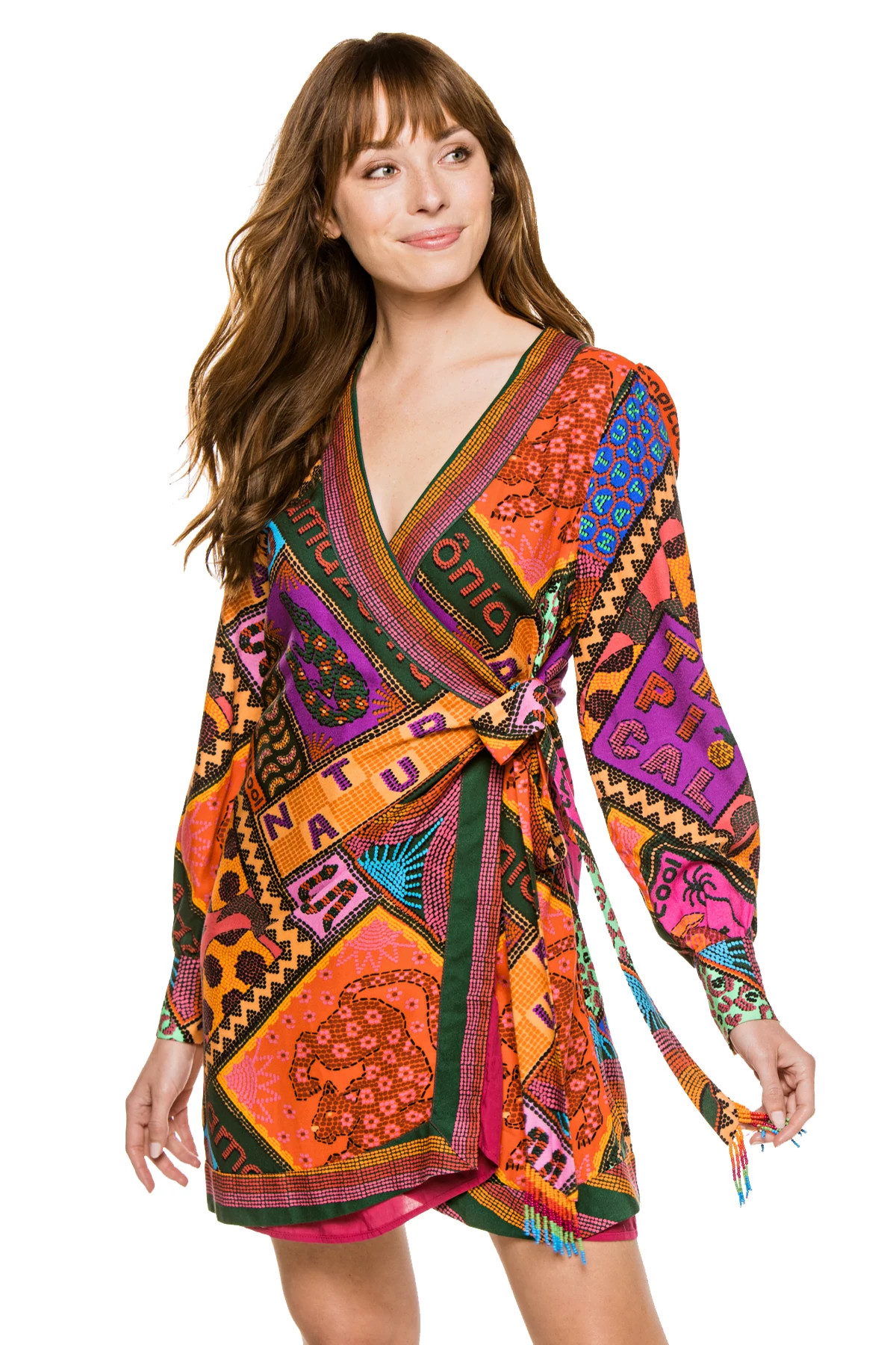 MULTI Dotted Patch Scarf Wrap Mini Dress image number 1