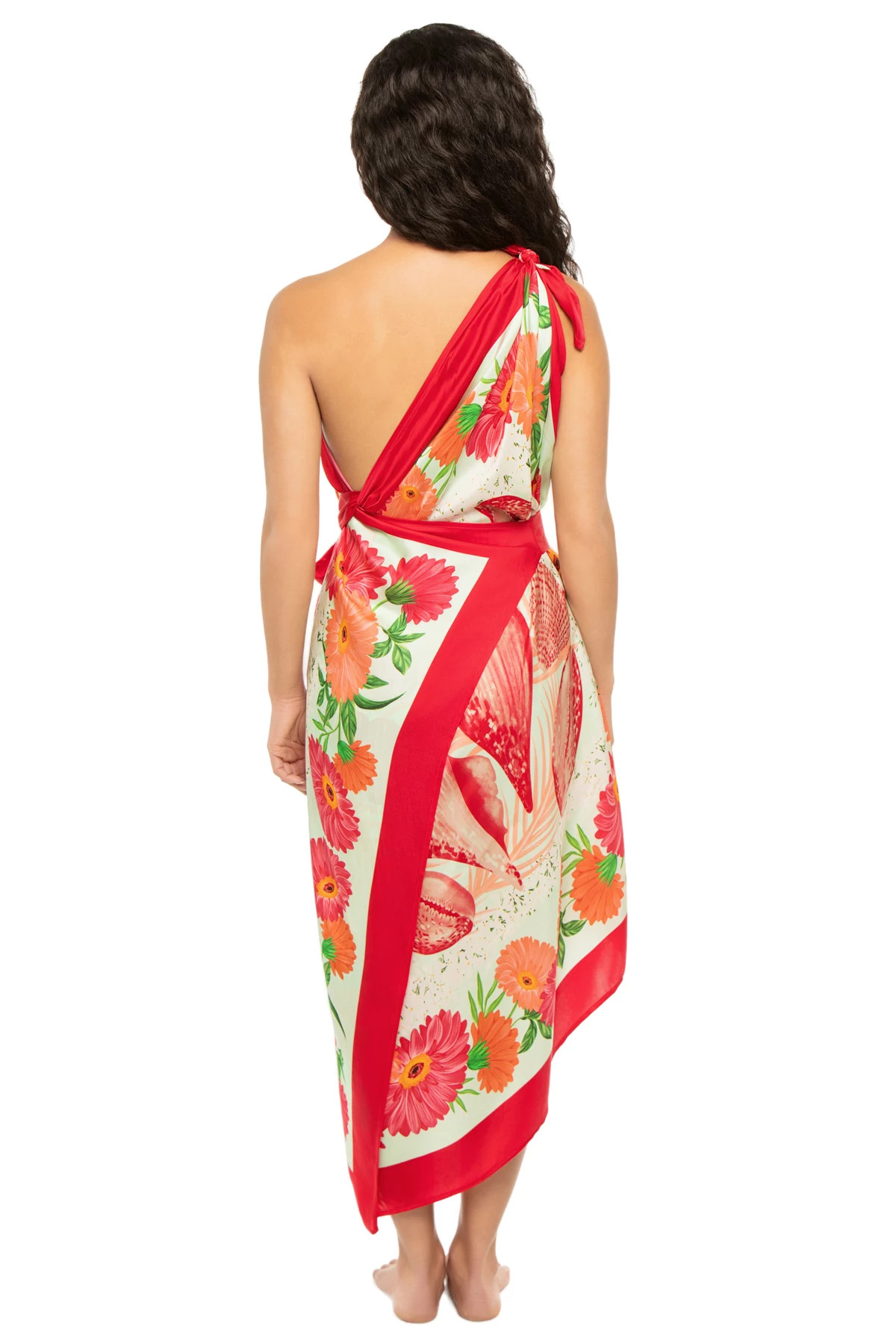 RASPBERRY GERBERA/SHELLS SCARF Asymmetrical Wrap Dress  image number 2