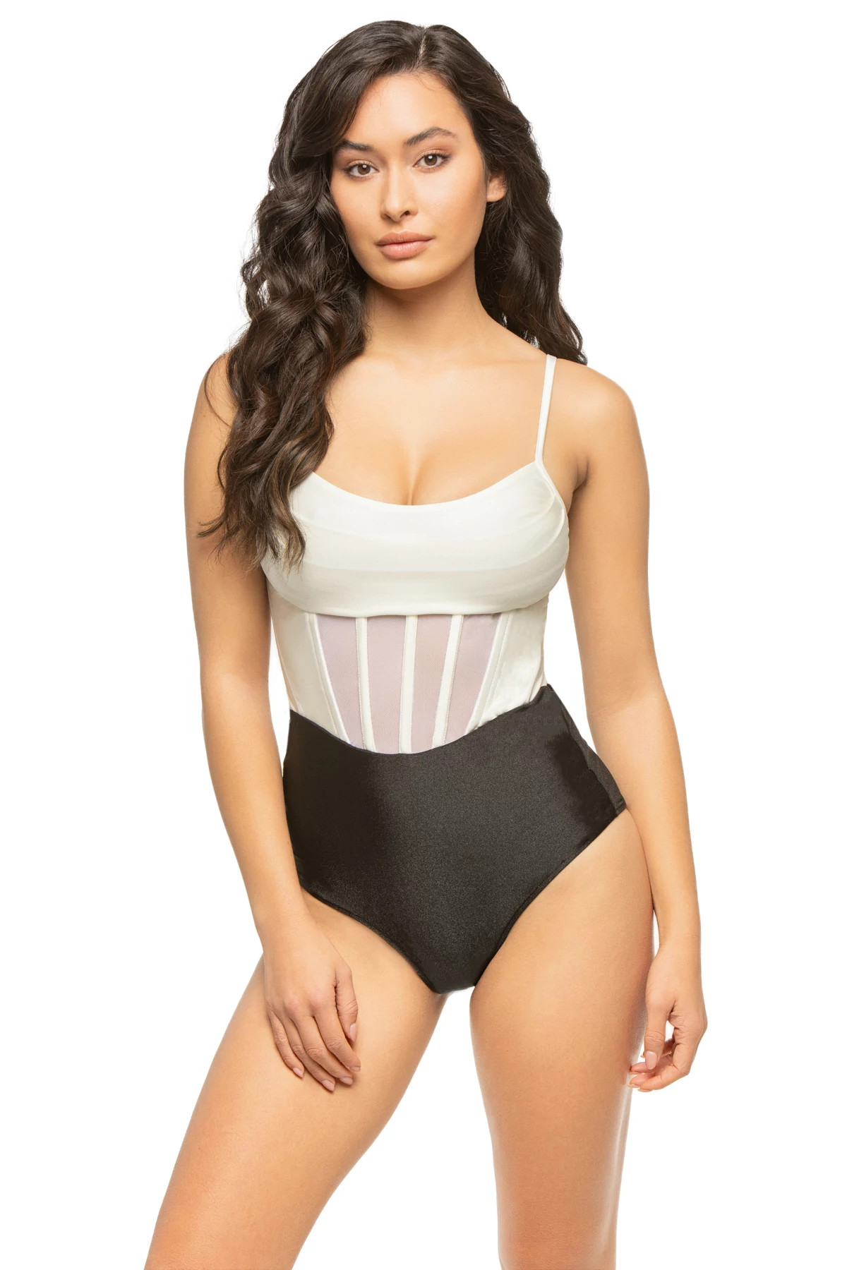 BLACK/WHITE Color Block Corset One Piece Swimsuit image number 1