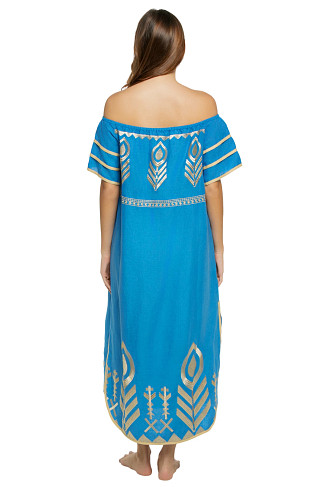 BLUE RAF GOLD Metallic Embroidered Linen Midi Dress