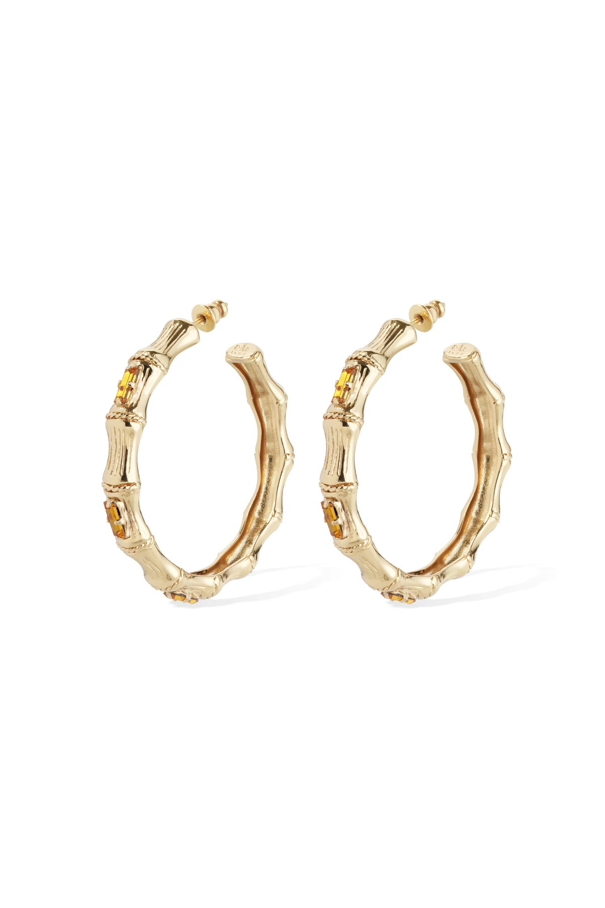 090 GOLD Gold Bamboo Hoop Earrings with Rhinestones image number 1