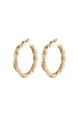 090 GOLD Gold Bamboo Hoop Earrings with Rhinestones