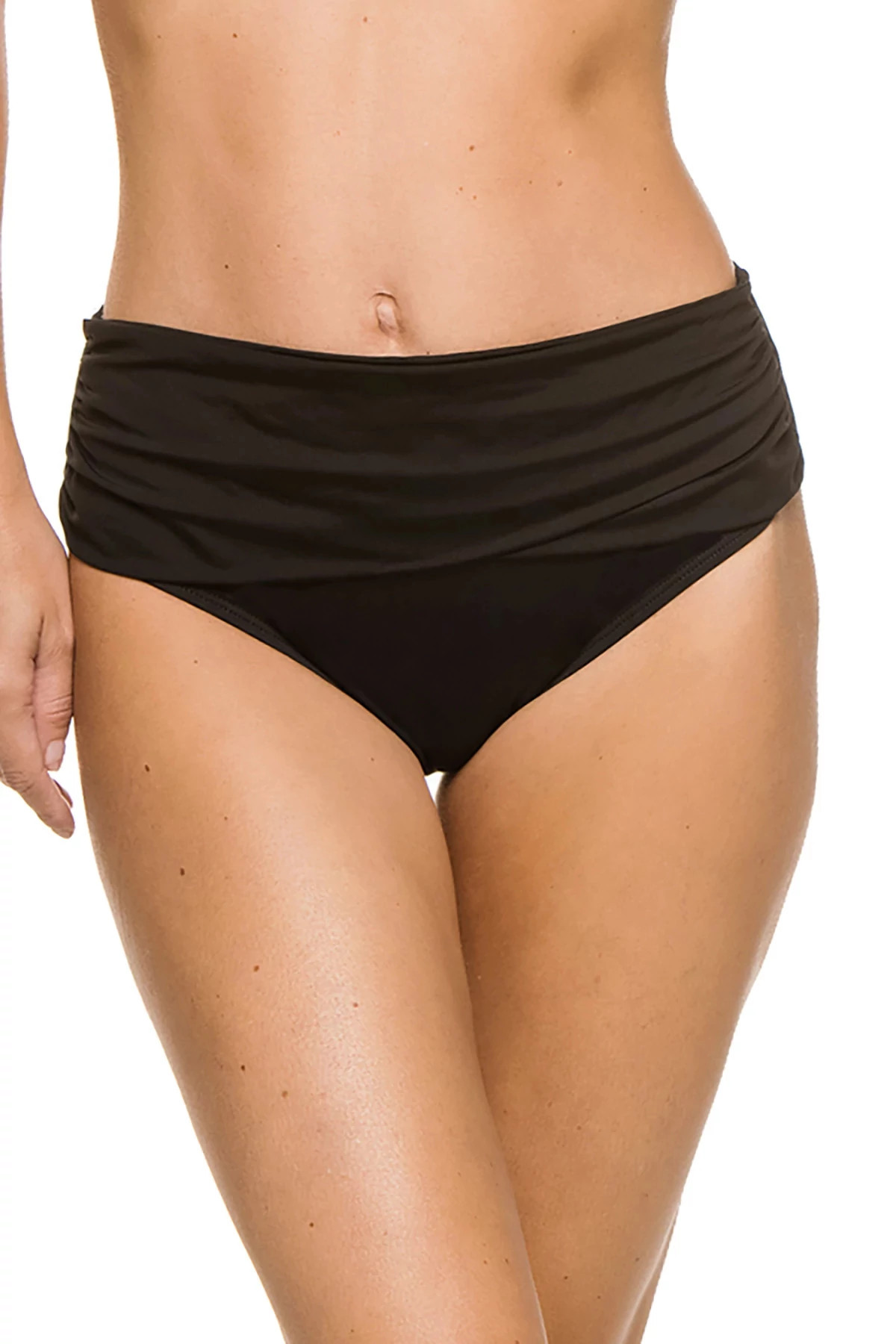 BLACK Shirred Sash Front High Waist Bikini Bottom image number 1