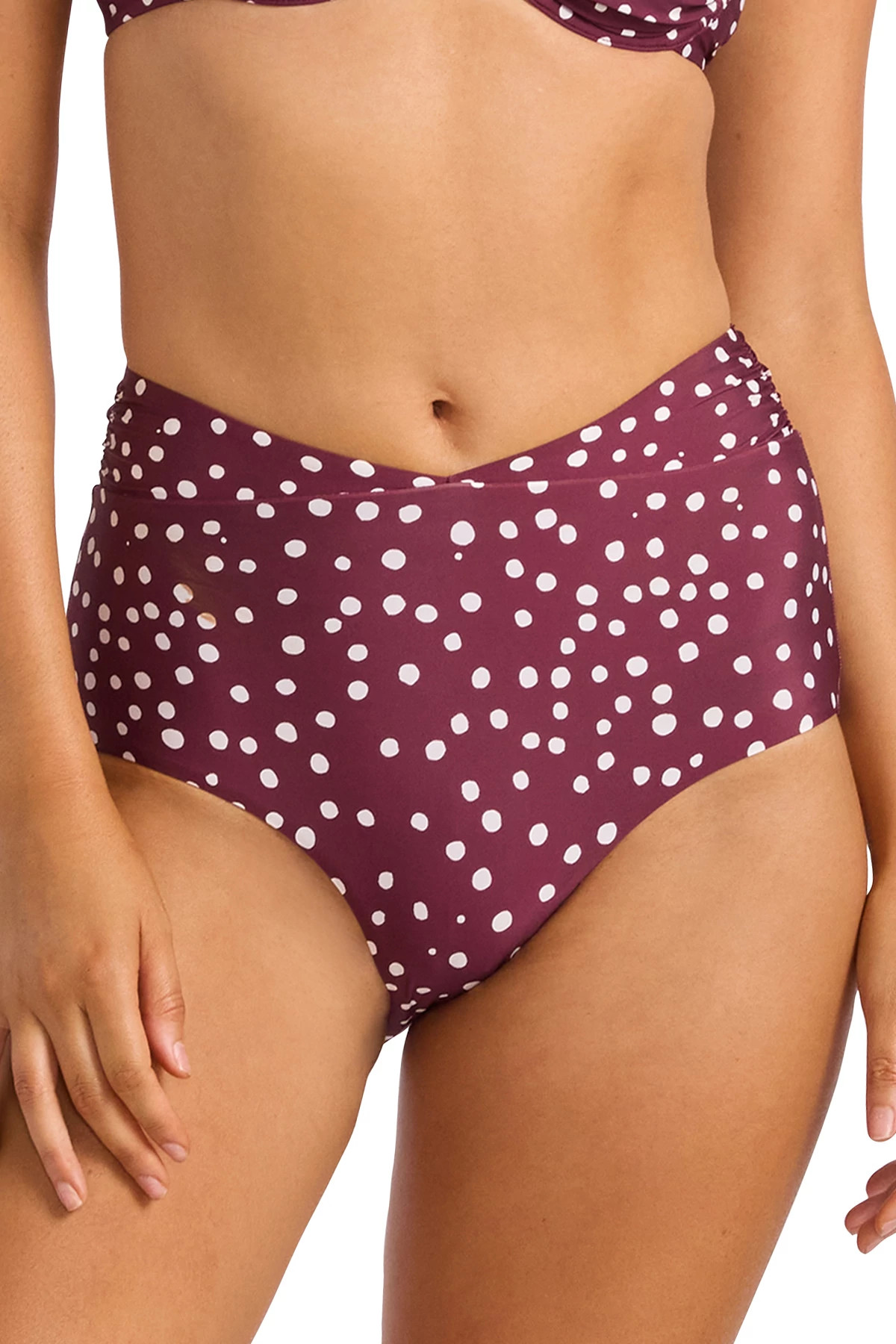 DARK BURGUNDY Dot Print High Waist Bikini Bottom image number 1