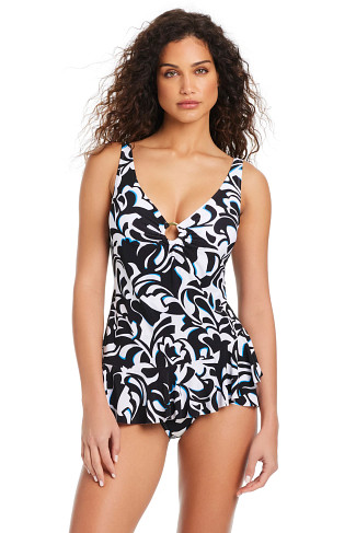 BLACK MULTI Ruffle Swim Dress