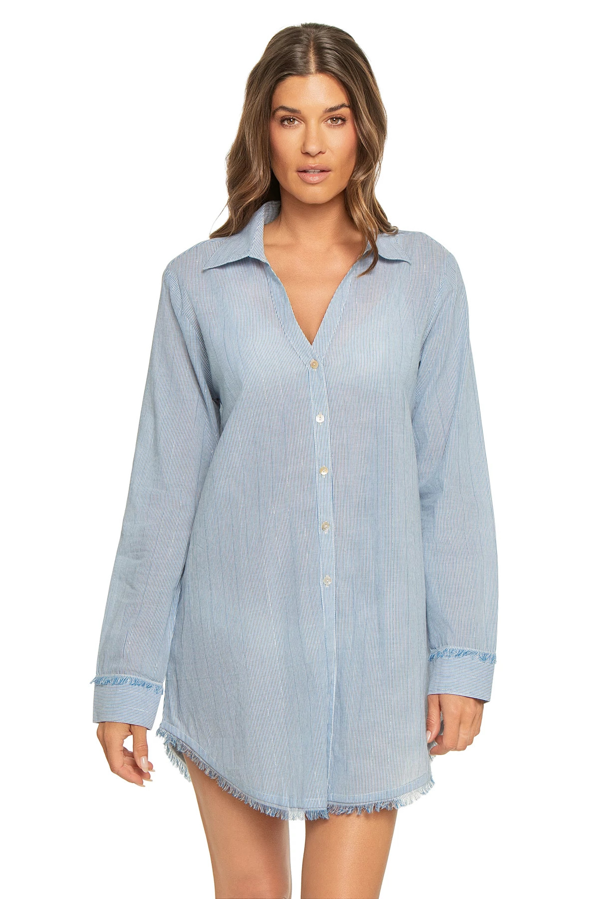 BLUE/WHITE STRIPE Lurex Stripe Palm Cover Shirt Dress image number 1