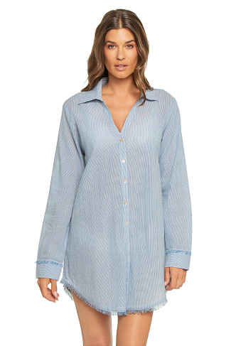 BLUE/WHITE STRIPE Lurex Stripe Palm Cover Shirt Dress