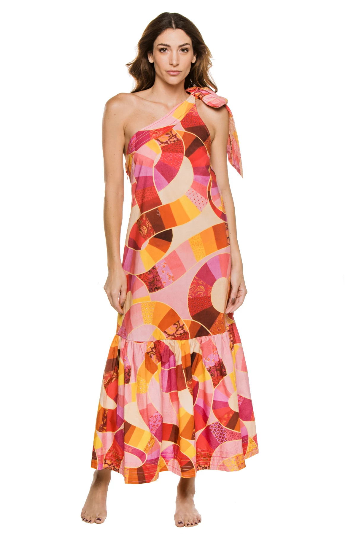 MULTI Patch Twirl Asymmetrical Midi Dress image number 1