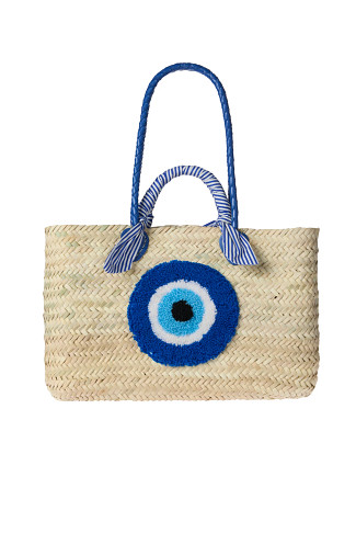 NATURAL/NAVY Evil Eye Wicker Tote